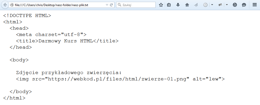zawartość pliku txt w oknie przeglądarki internetowej - przykładowy kod html